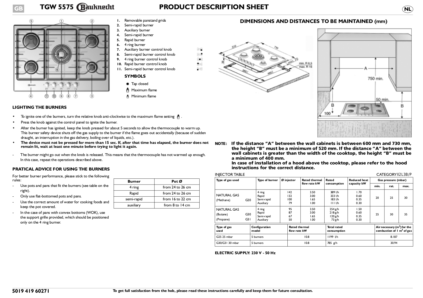 Whirlpool AC7GF51AGS PRODUCT SPECIFICATIONS