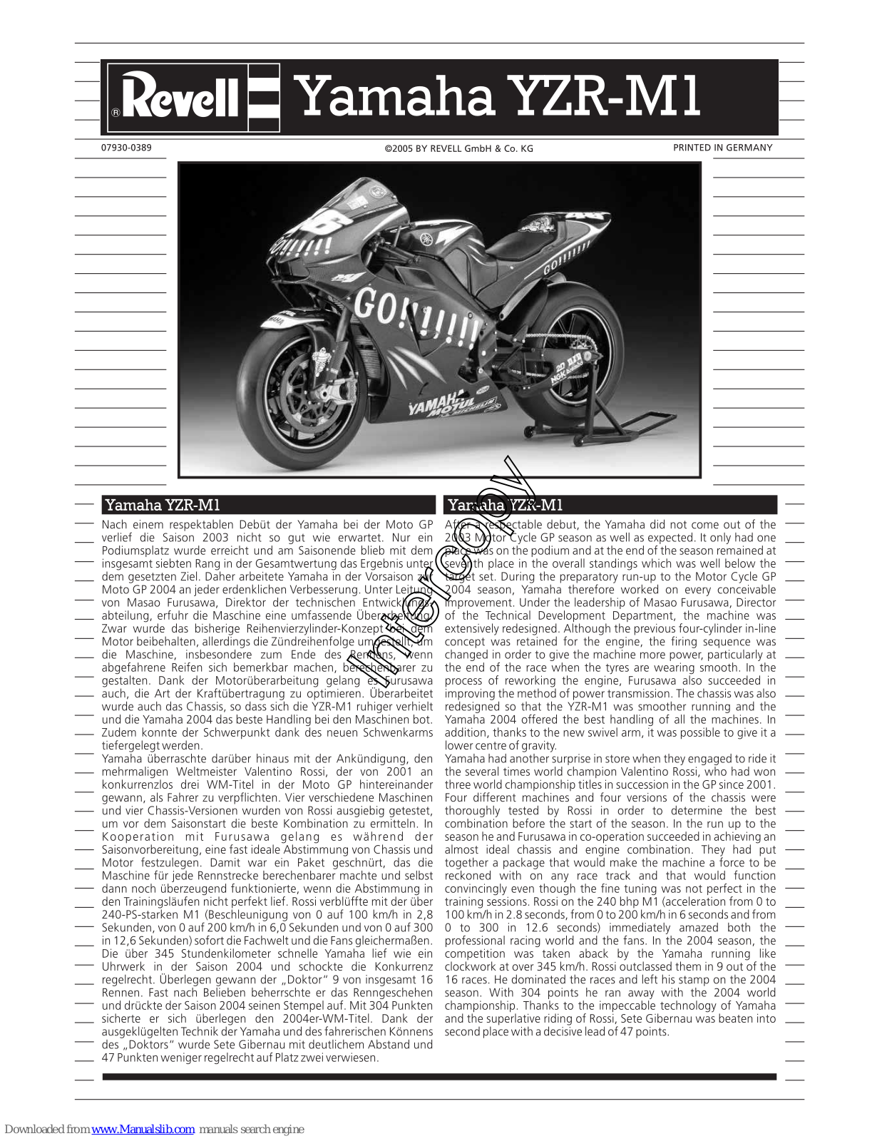 REVELL Yamaha YZR-M1 Assembly Instructions Manual