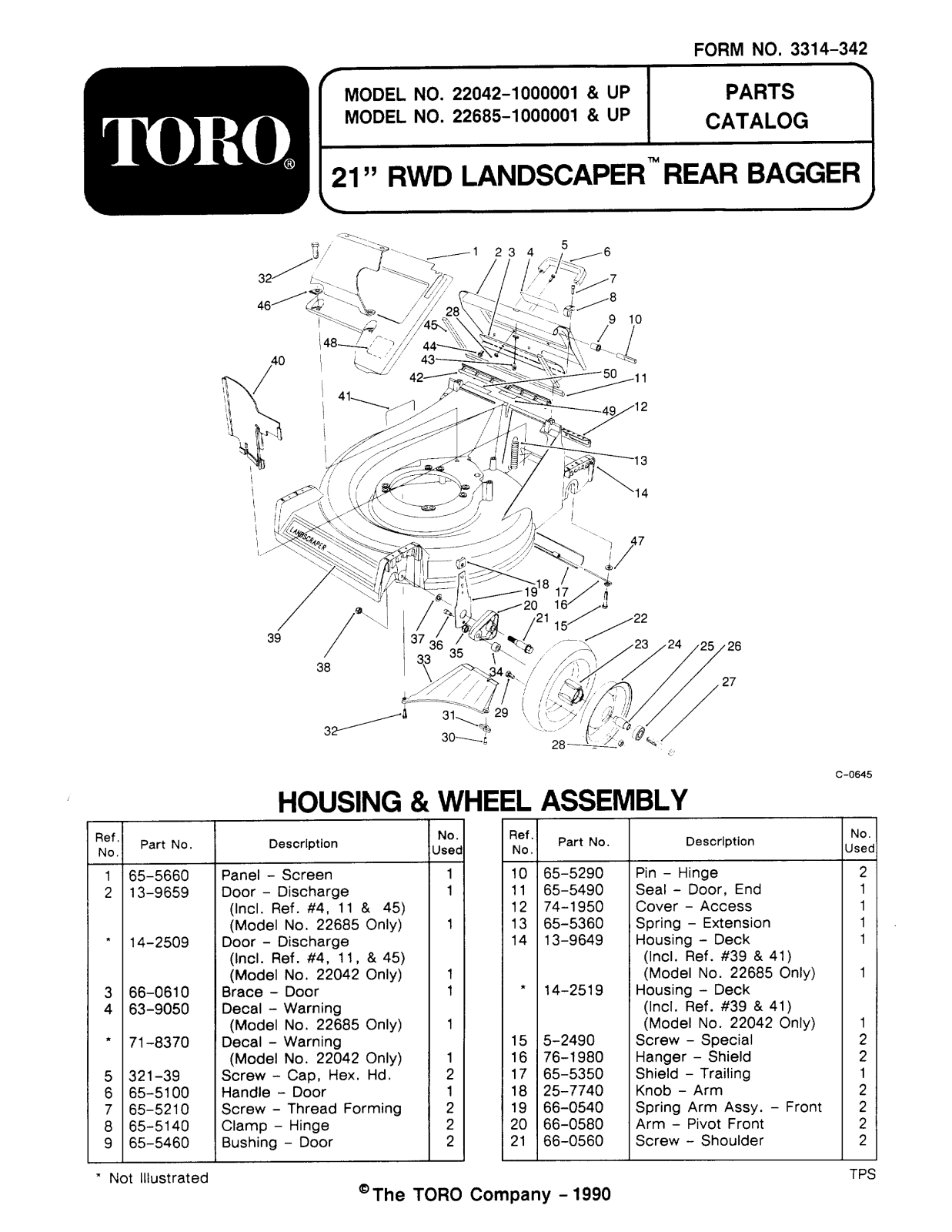 Toro 22042, 22685 Parts Catalogue