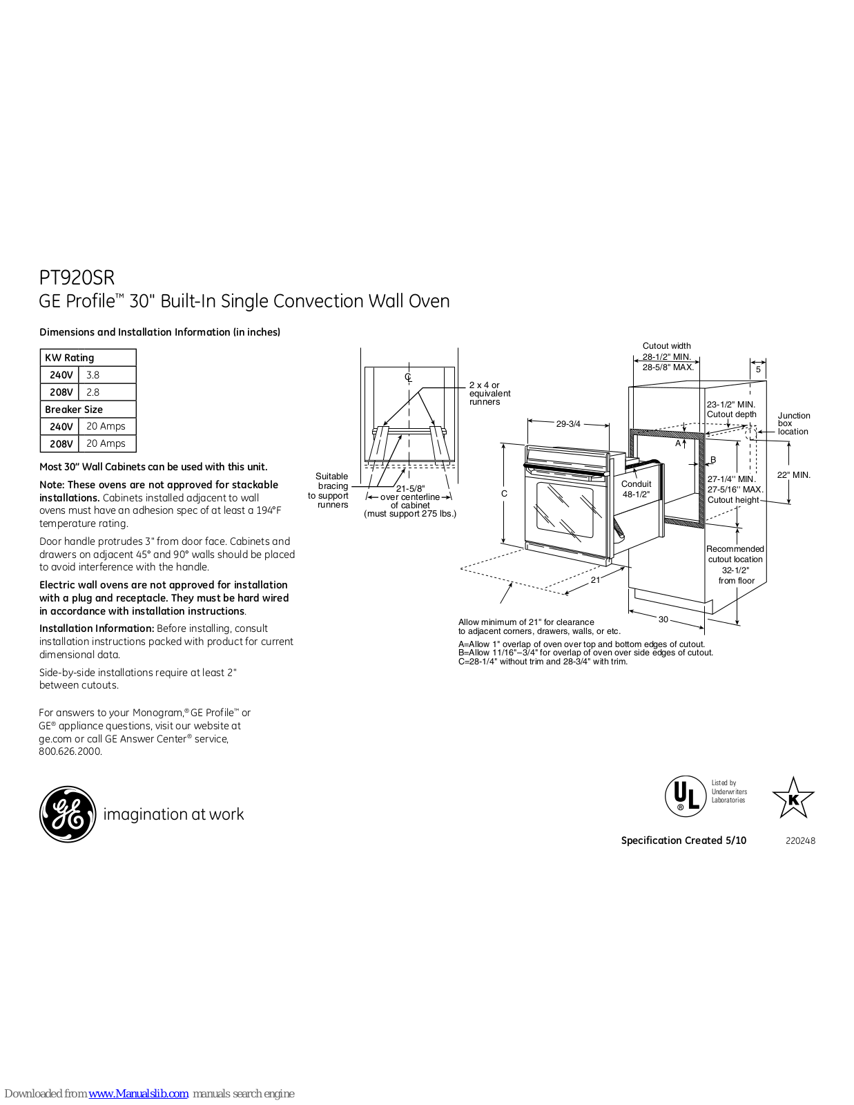 GE Profile PT920SRSS, Profile PT920SR Dimensions And Installation Information