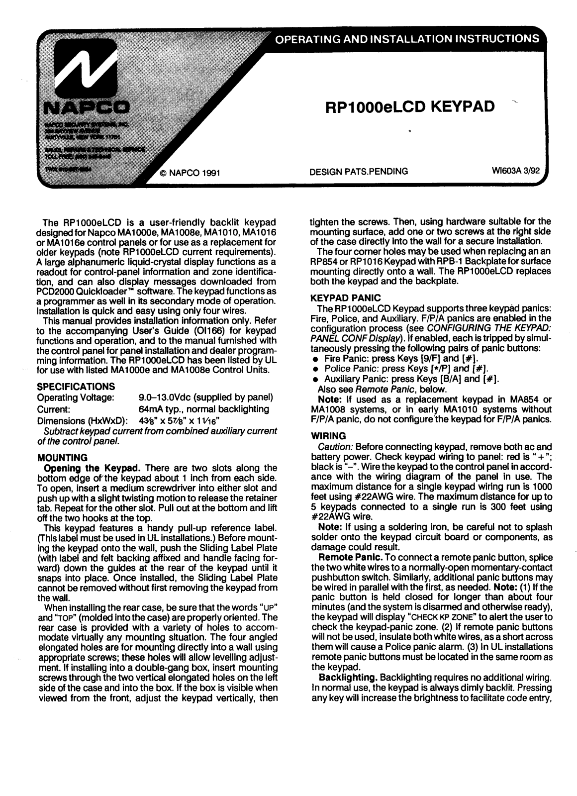 SEKURE RP1000E LCD User's Manual