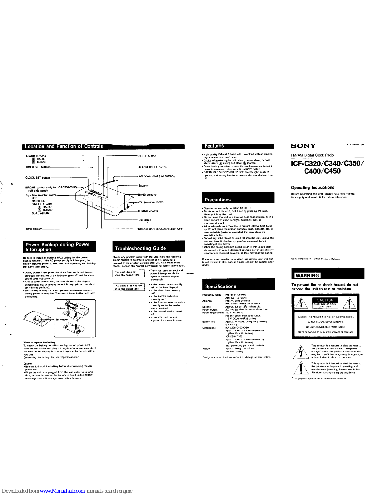 Sony ICF-C340, ICF-C350, ICF-C400, ICF-C450 Operating Instructions Manual