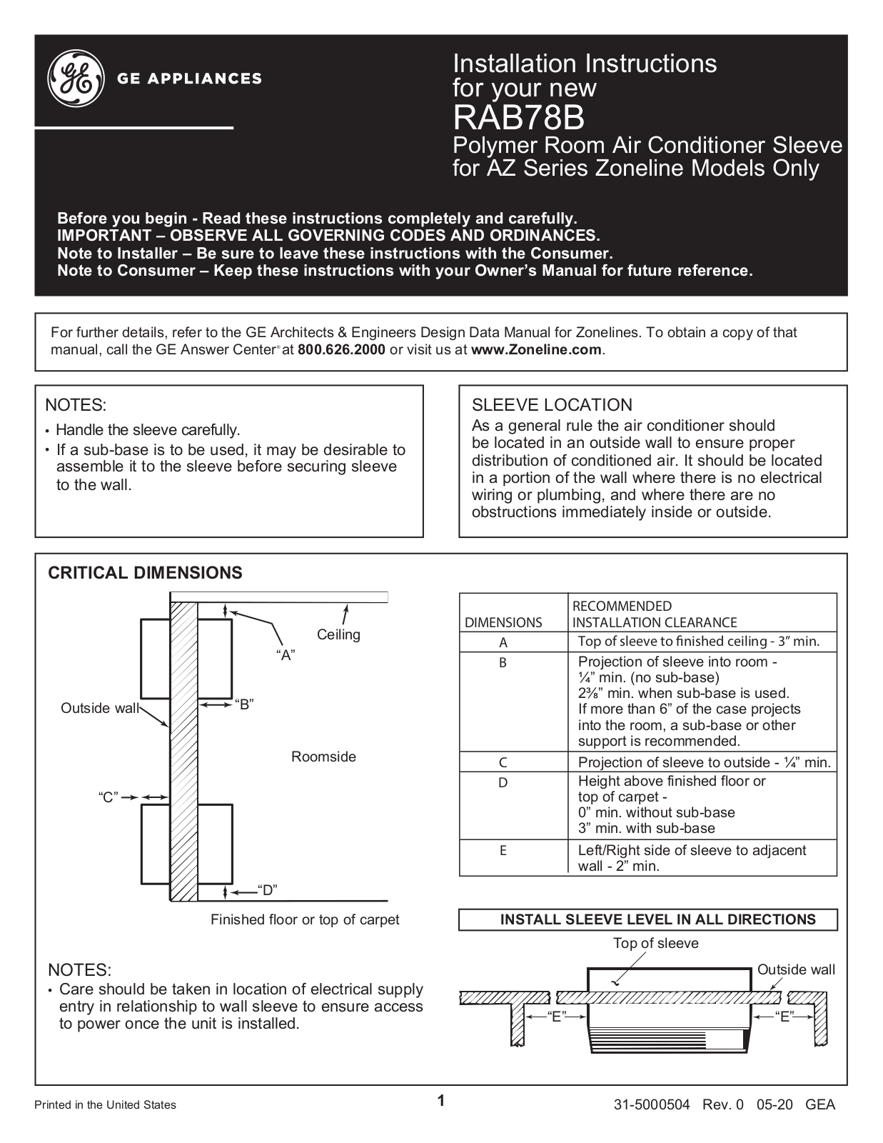 GE RAB78B Installation Instructions