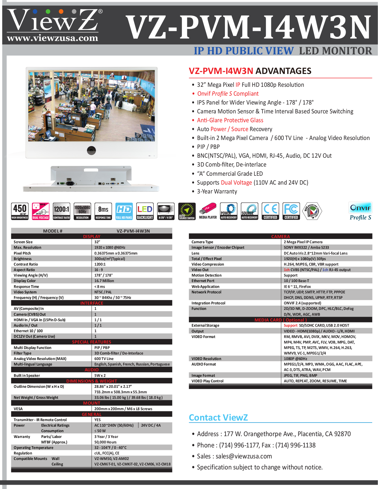ViewZ VZ-PVM-I4W3N Specsheet