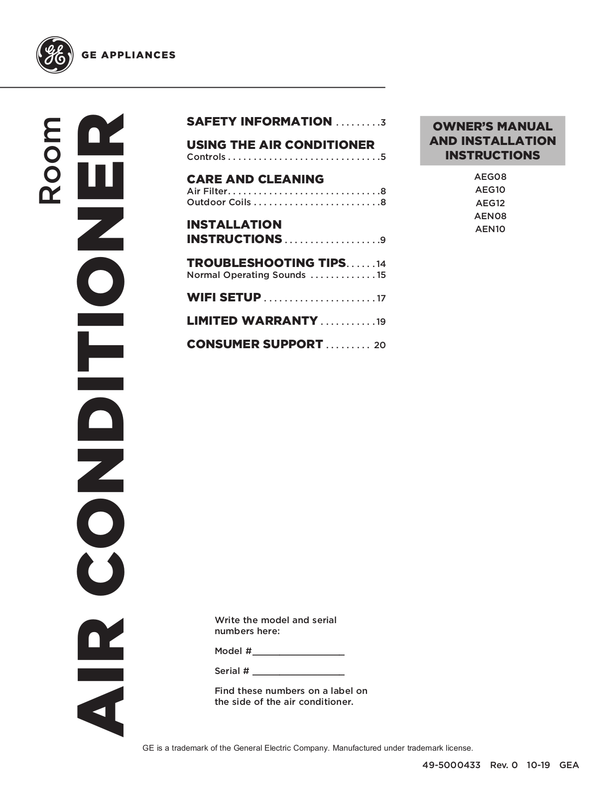 GE AEG08, AEG10, AEG12, AEN08, AEN10 Owner’s Manual & Installation Instructions