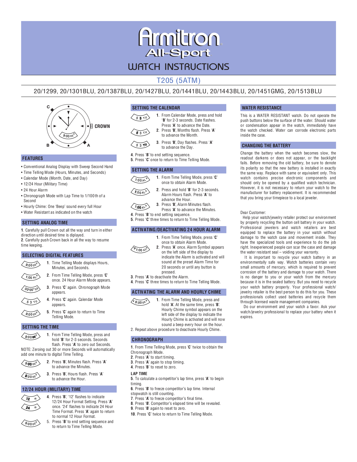 Armitron T205, 5ATM User Manual