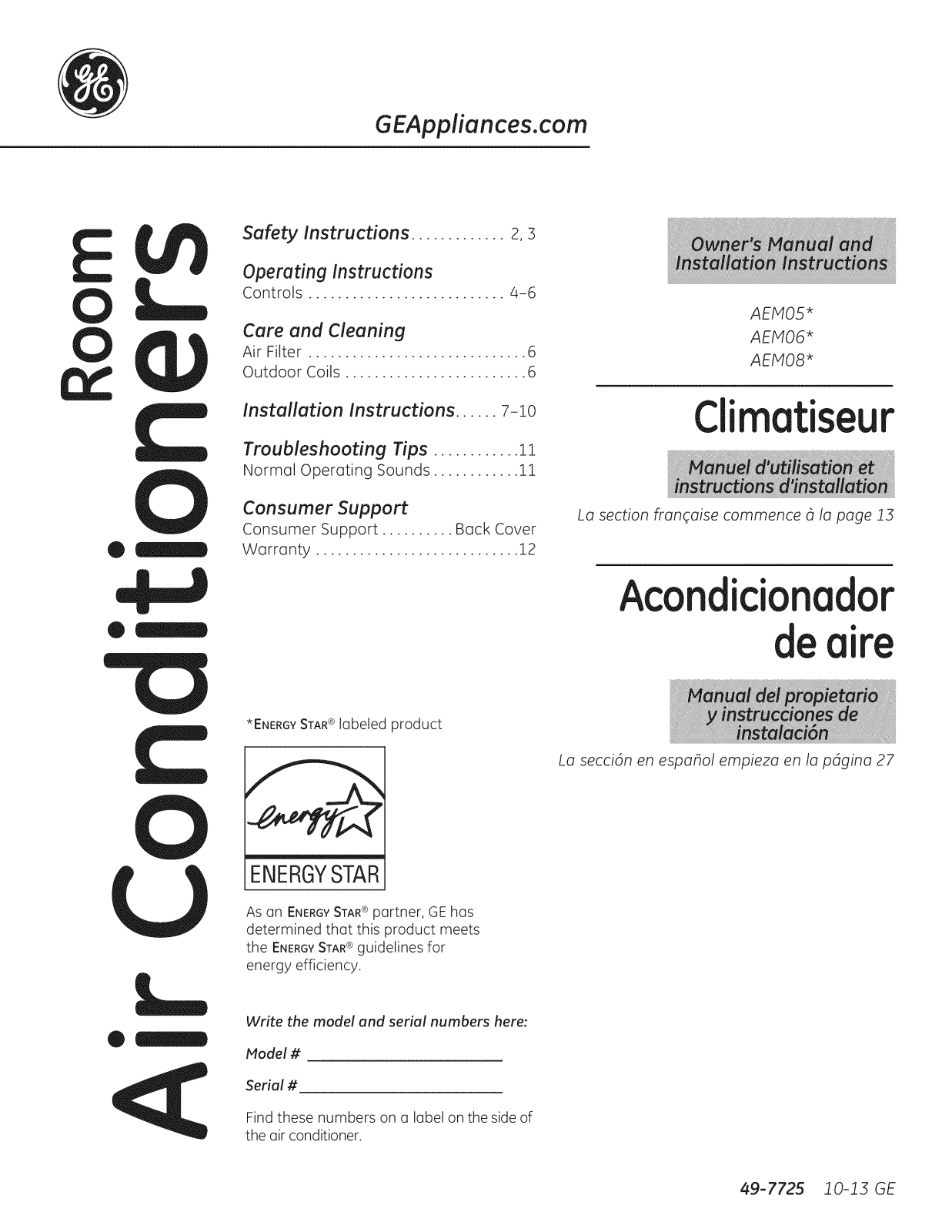 GE AEM08LSL1, AEM06LSQ1, AEM05LSW1 Owner’s Manual