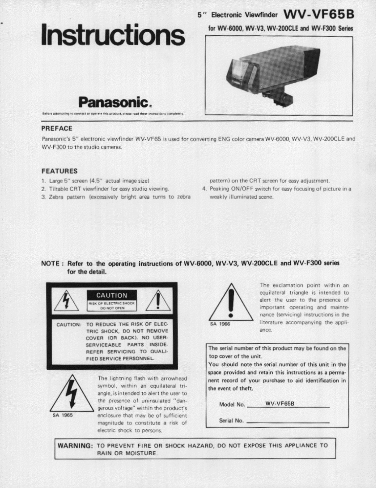 Panasonic WV-VF65B User Manual