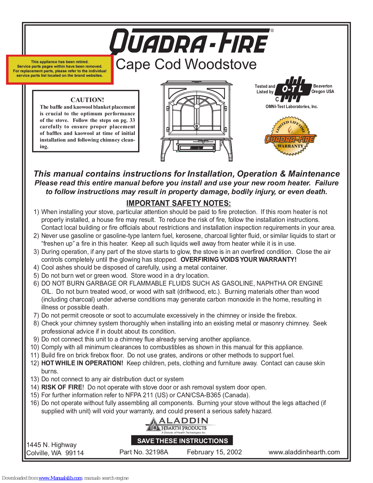 Quadra-Fire Quadra-Fire, Cape Cod Installation, Operation, & Maintenance Instruction