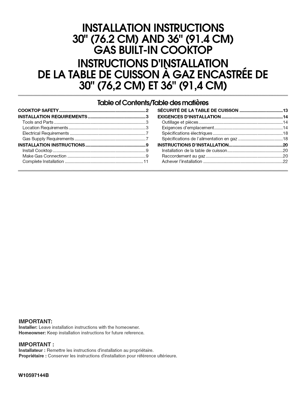 Maytag MGC7430DS00, WCG97US6DS00, WCG97US0DS00, WCG75US0DB00, WCG51US6DS00 Installation Guide