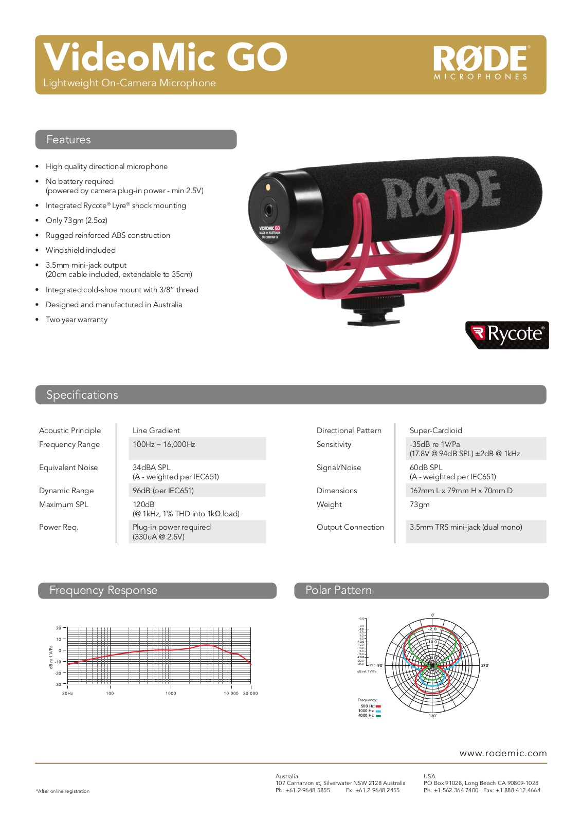 Rode VIDEOMIC-GO Data Sheet