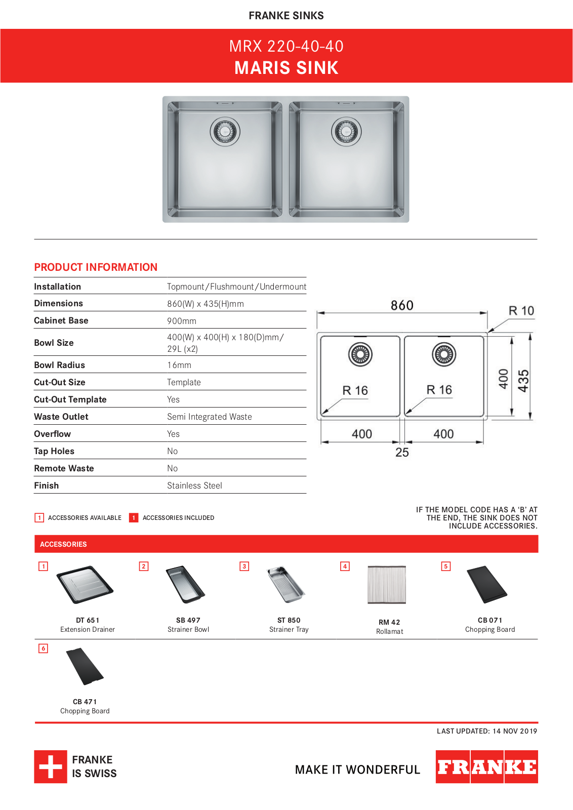 Franke MRX220-40/40 Specifications Sheet