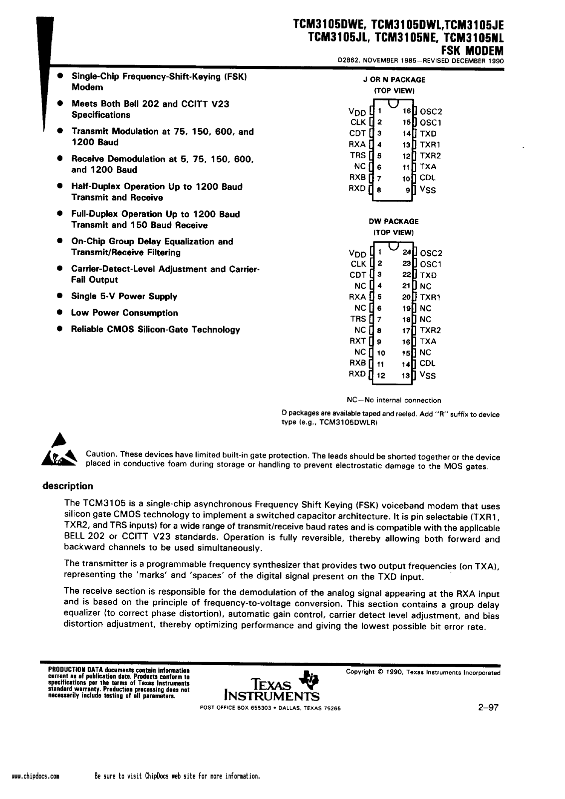 Texas Instruments TCM3105NL, TCM3105JL, TCM3105NE, TCM3105JE, TCM3105DWL Datasheet