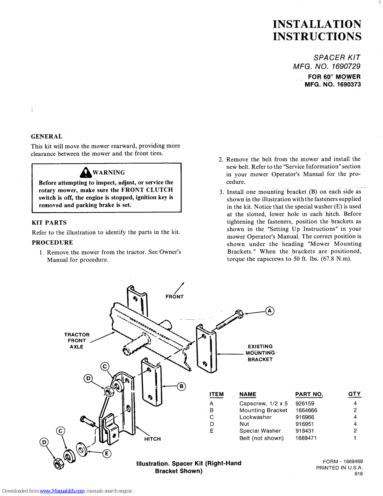 Snapper 1690373 Installation Instructions Manual