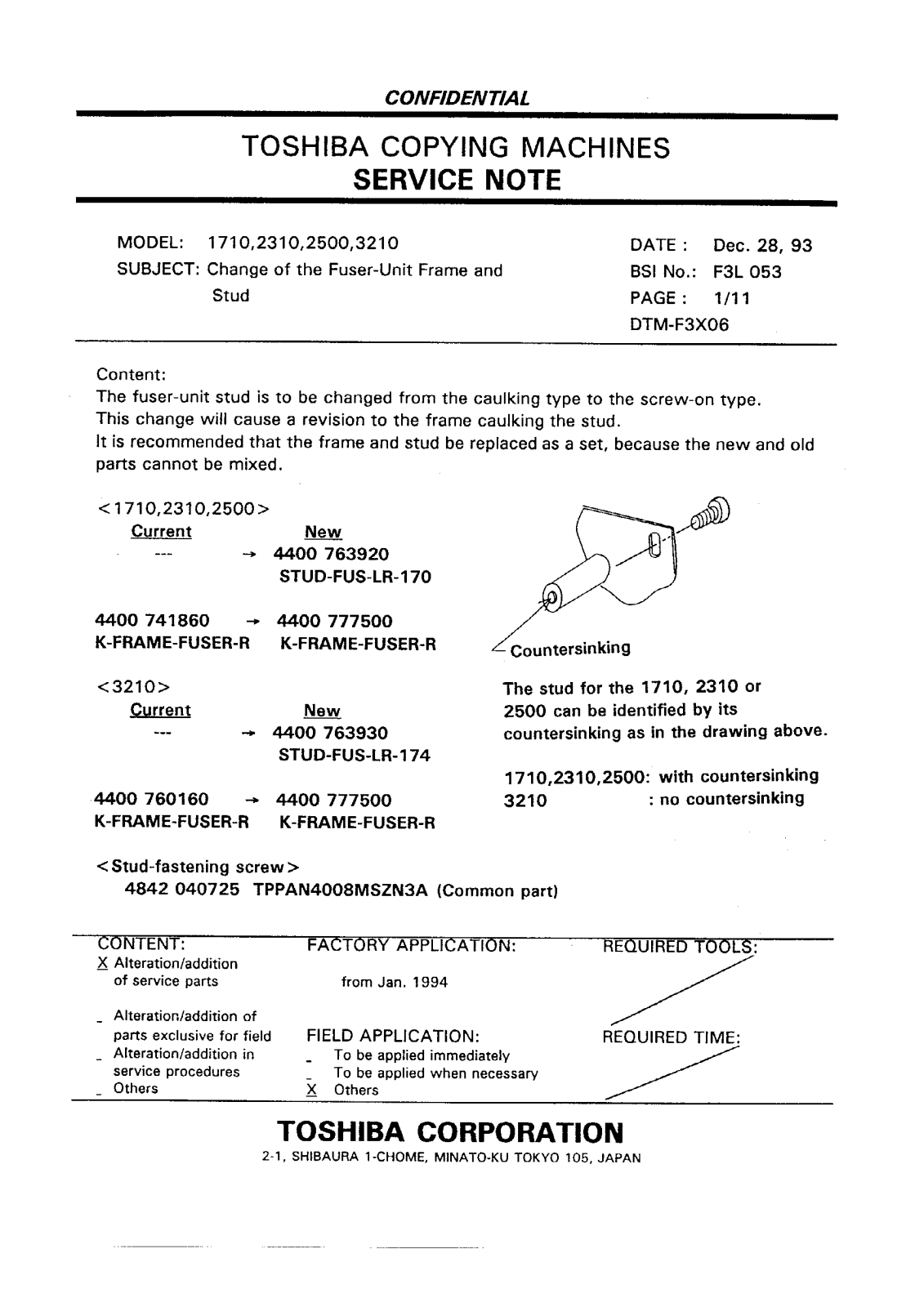 Toshiba f3l053 Service Note