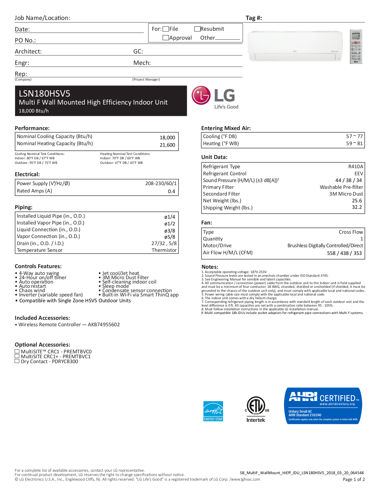 LG LSN180HSV5 User Manual