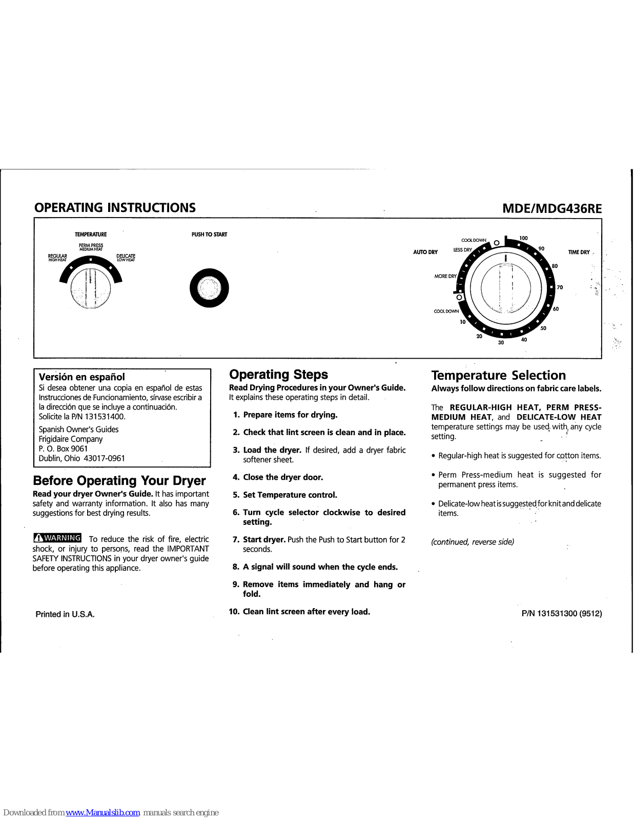 Frigidaire MDE436RE, MDG436RE Operating Instructions Manual