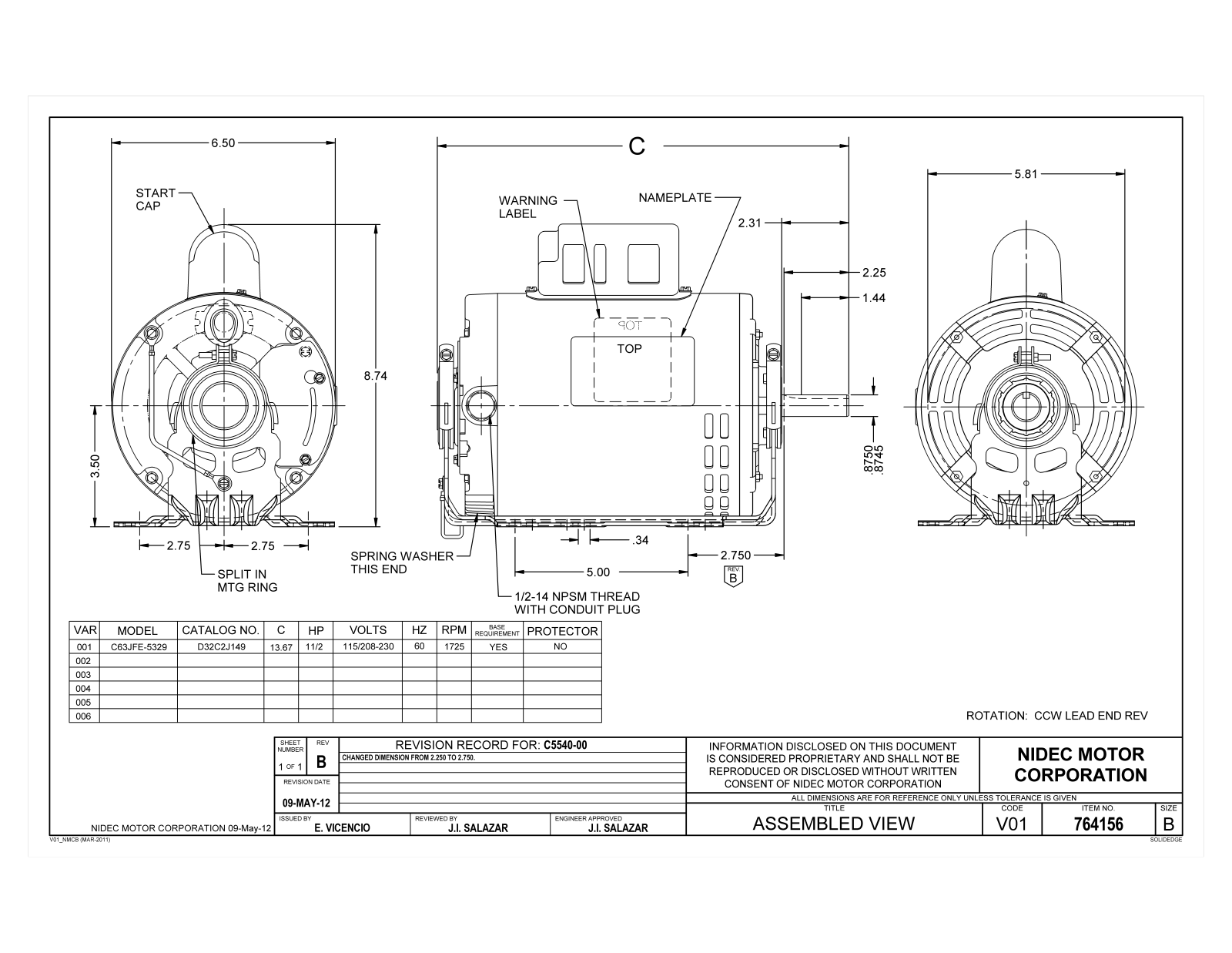 US Motors D32C2J149 Dimensional Sheet