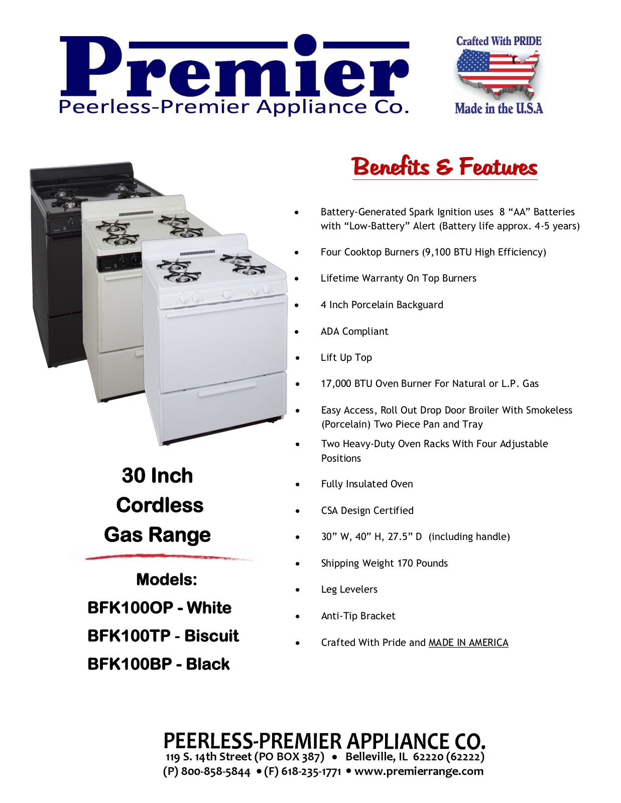 Premier BFK100BP, BFK100TP Specifications - ManualMachine.com