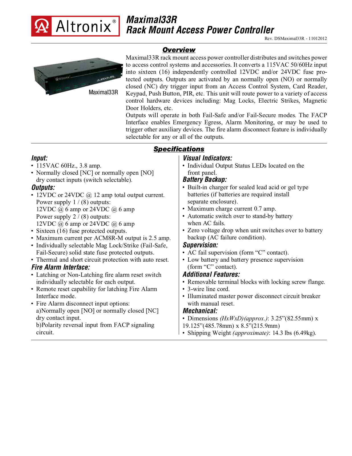 Altronix MAXIMAL33R Specsheet