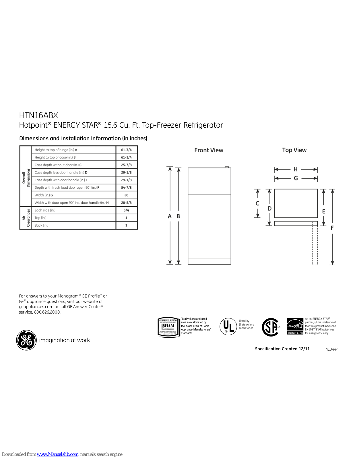 Hotpoint HTN16ABXWW, HTN16ABX Dimensions And Installation Information