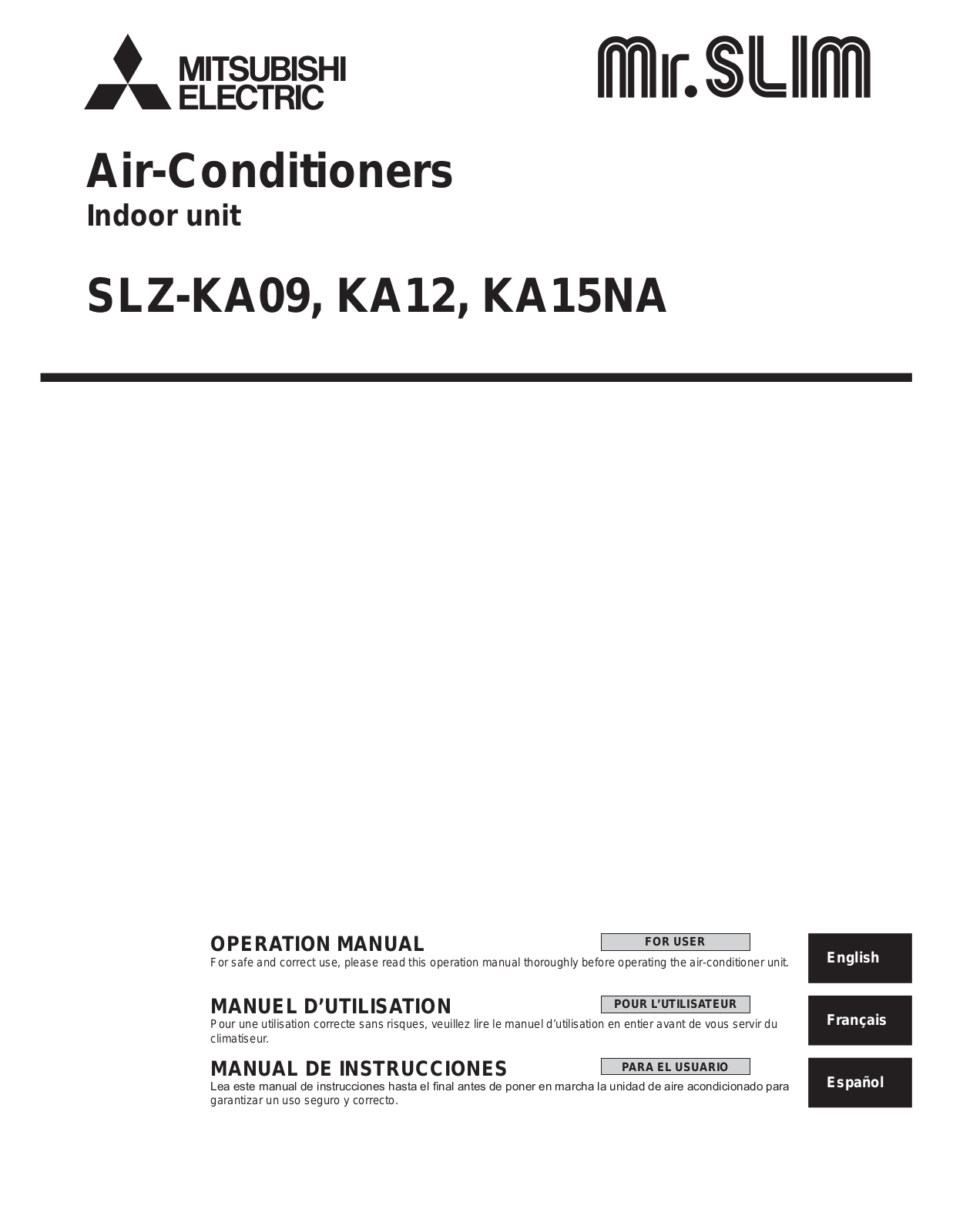 Mitsubishi SLZ-KA09, SLZ-KA12, SLZ-KA15NA Operation Manual