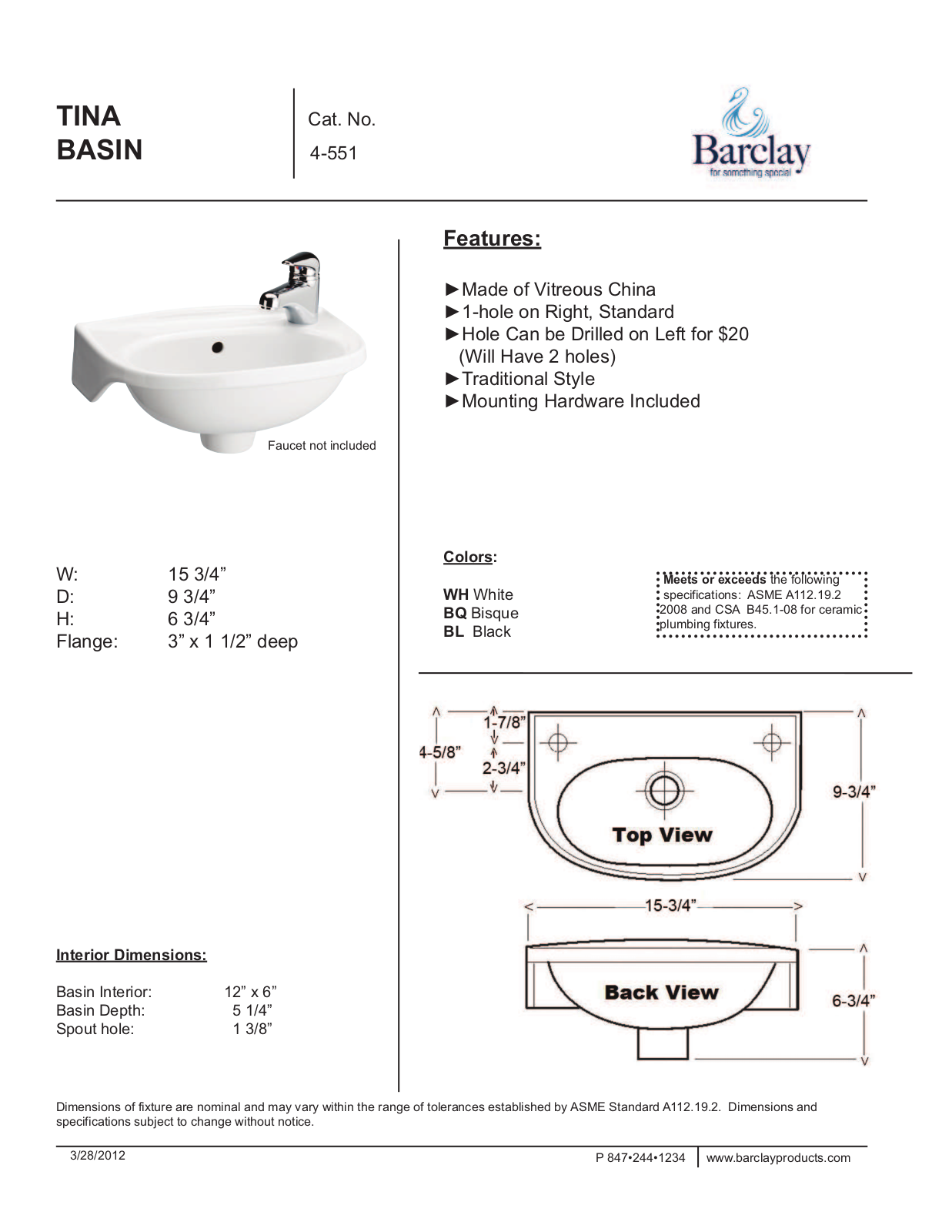 Barclay 4551WH Specifications