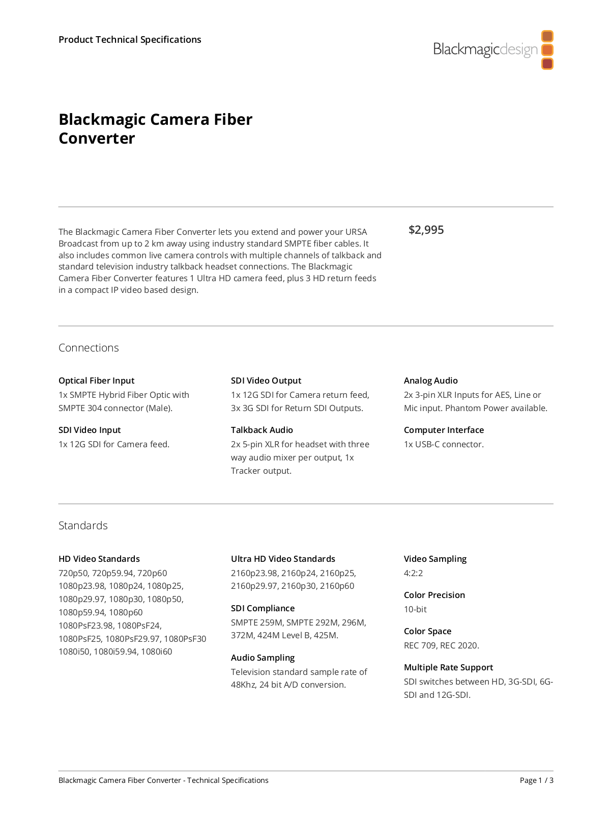 Blackmagic Design Camera Fiber Converter Specifications