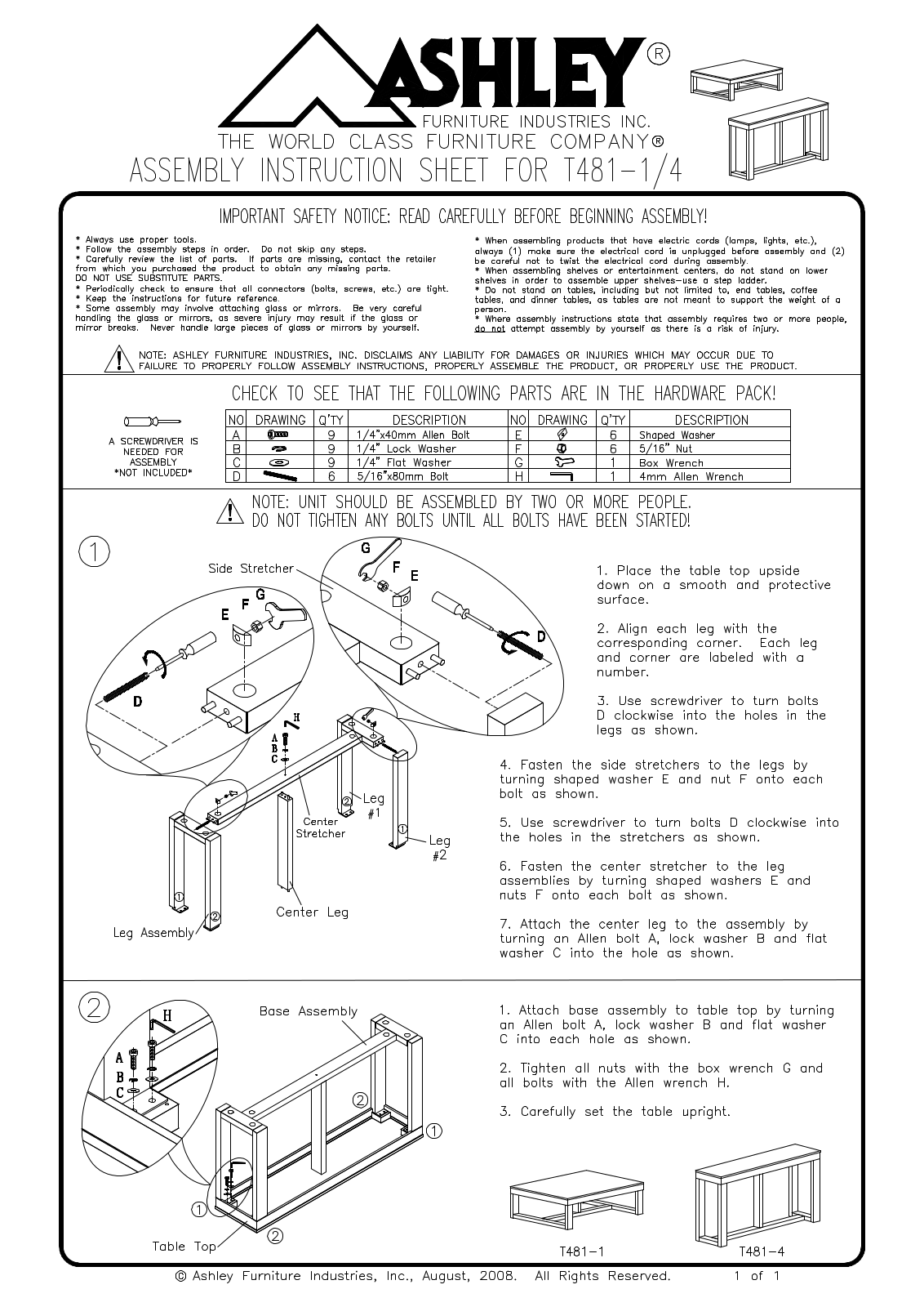 Ashley T4811, T4814 Assembly Guide