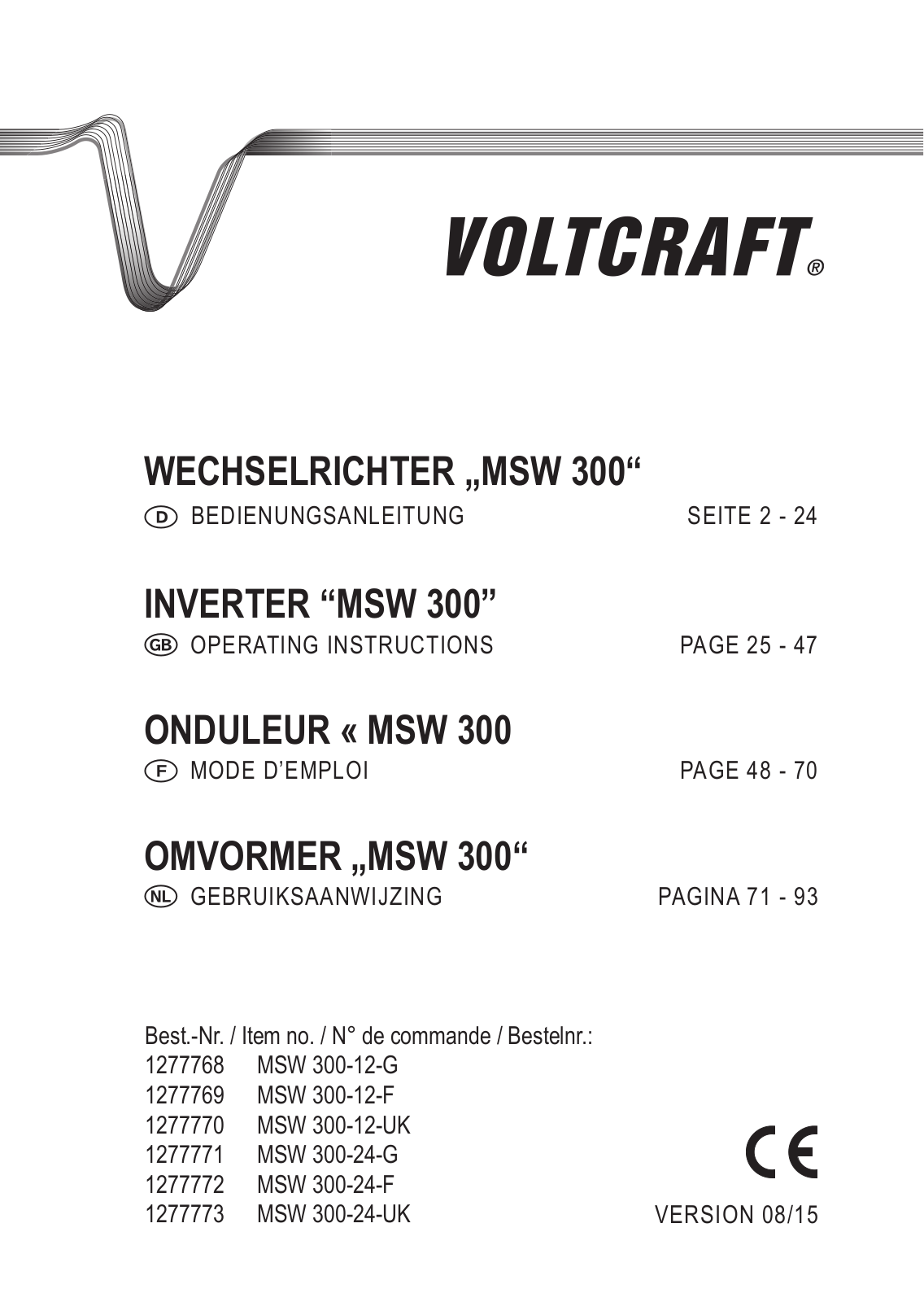 VOLTCRAFT MSW 300-24-G, MSW 300-24-UK, MSW 300-12-G, MSW 300-24-F, MSW 300-12-F User guide