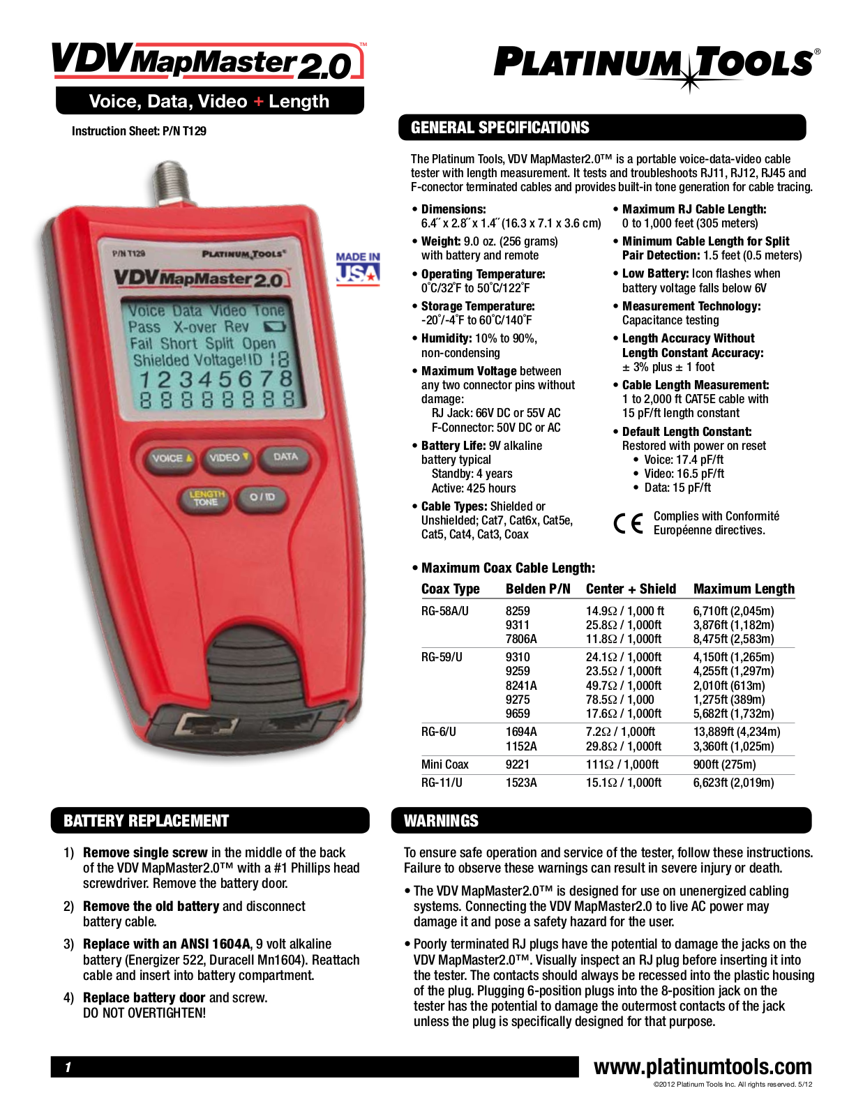 Platinum Tools T129, T129K1 User Manual