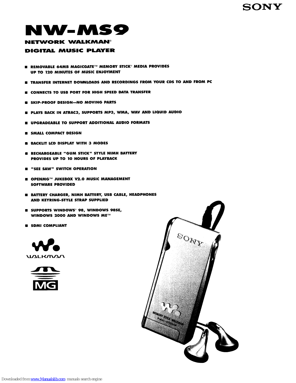 Sony NW-MS9 SonicStage v2.0, NW-MS9 - Memory Stick Walkman, Network Walkman NW-MS9 Specifications