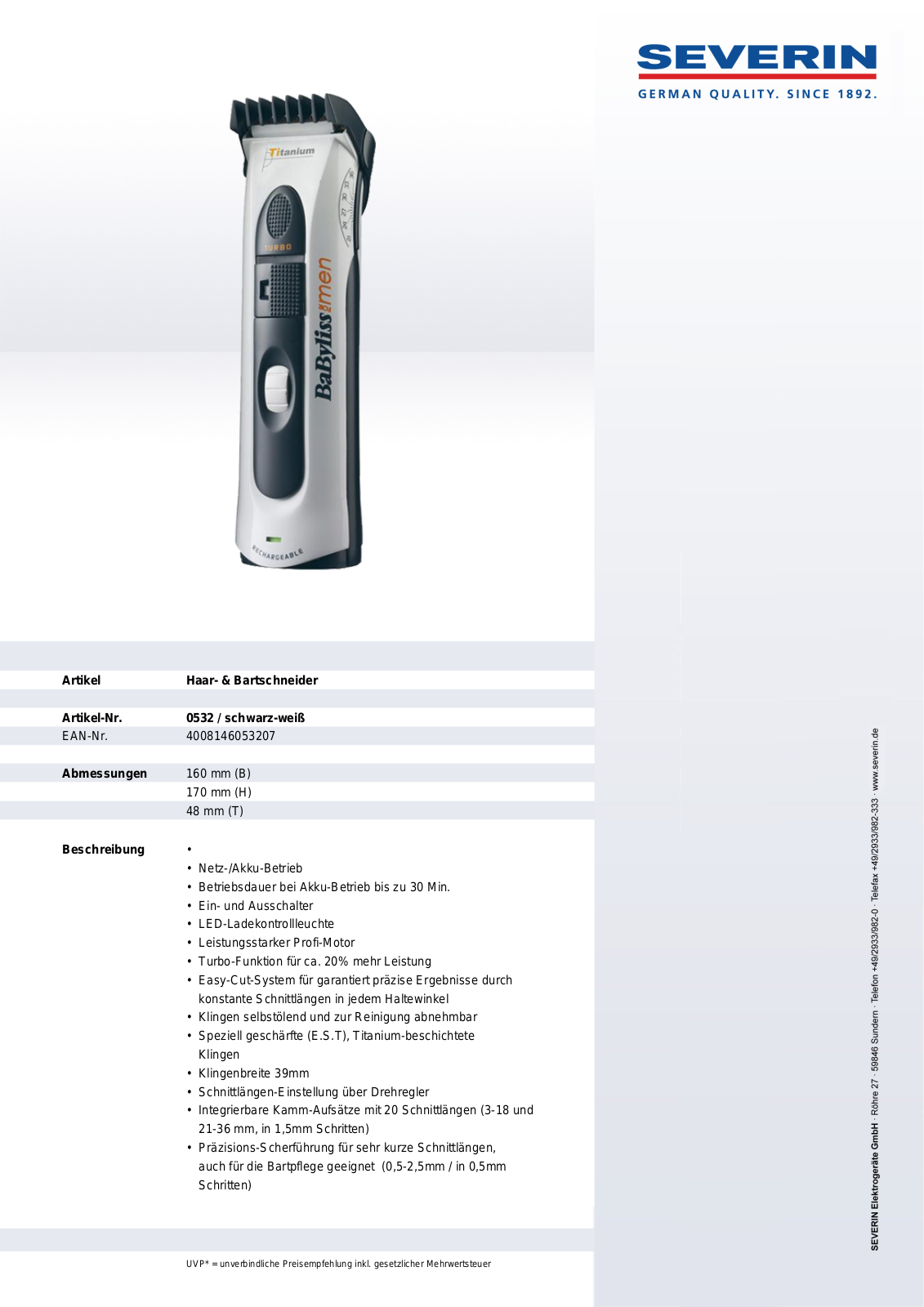 Severin 0532 DATASHEET