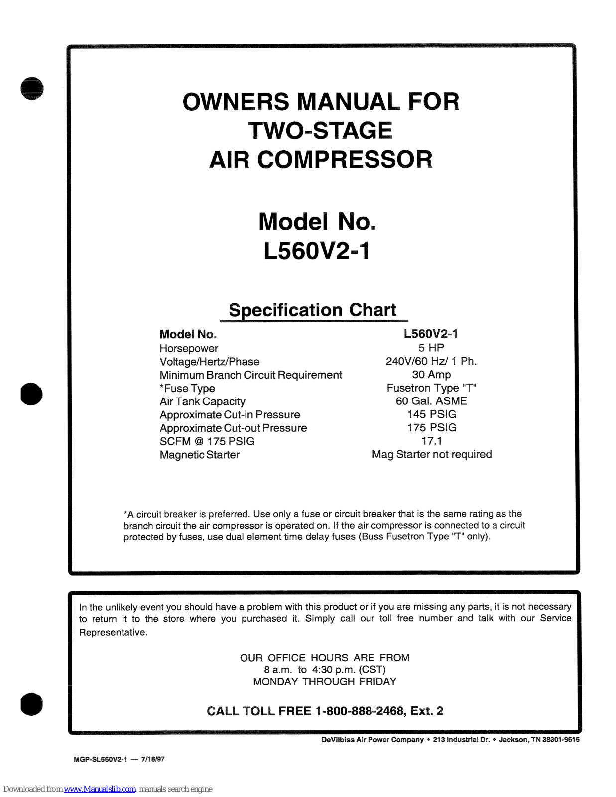 DeVilbiss L560V2-1 Owner's Manual