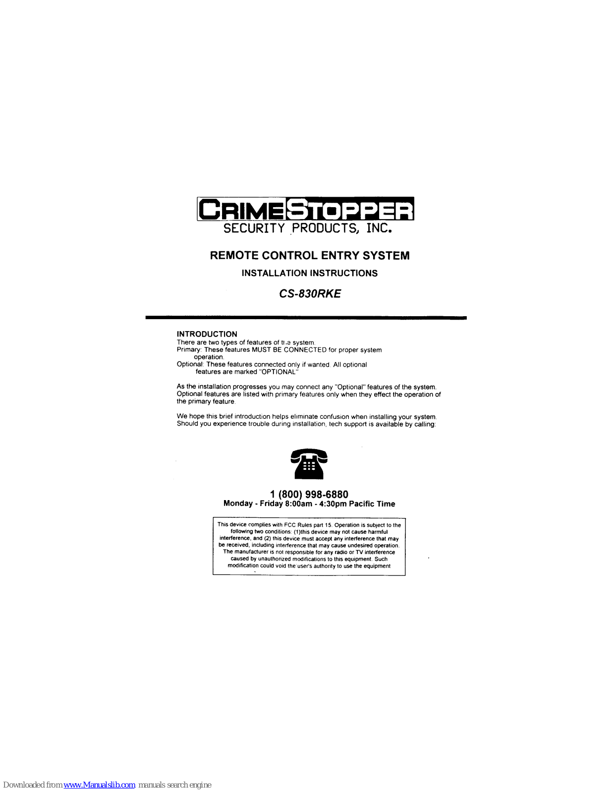 CrimeStopper CS-830RKE Installation Instructions Manual