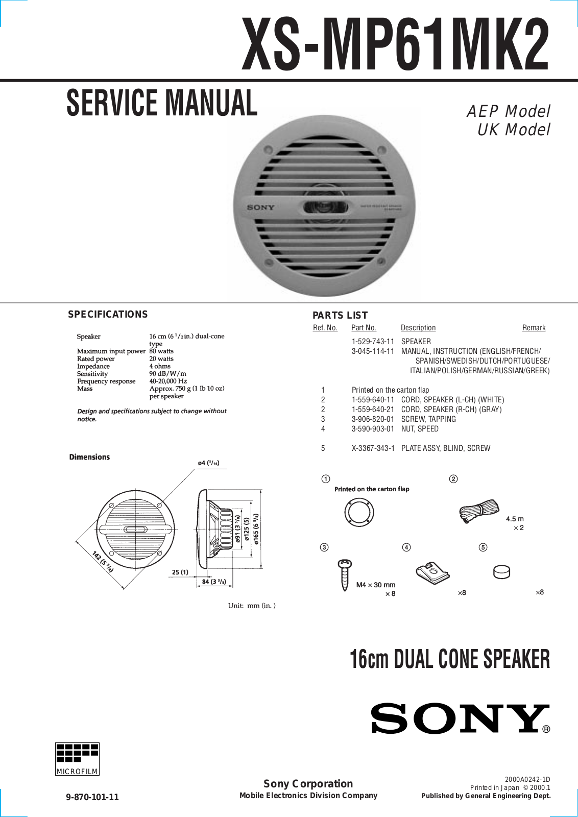 Sony XS-MP61MK2 Service Manual