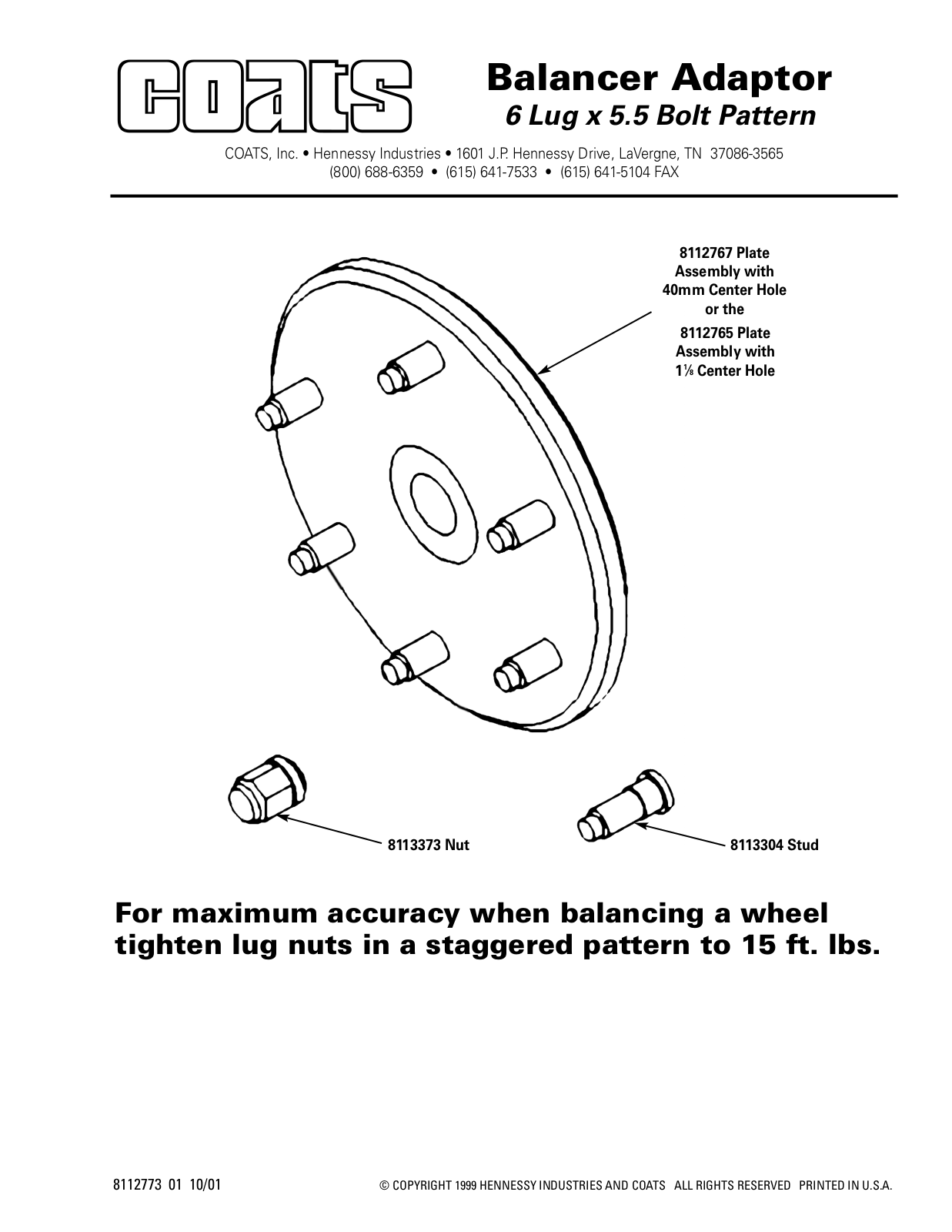 COATS Balancer Adapter, 6 lug x 5.5 Bolt Pattern User Manual