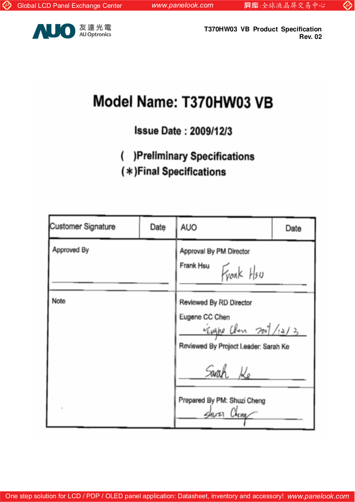 AUO T370HW03 VB Specification