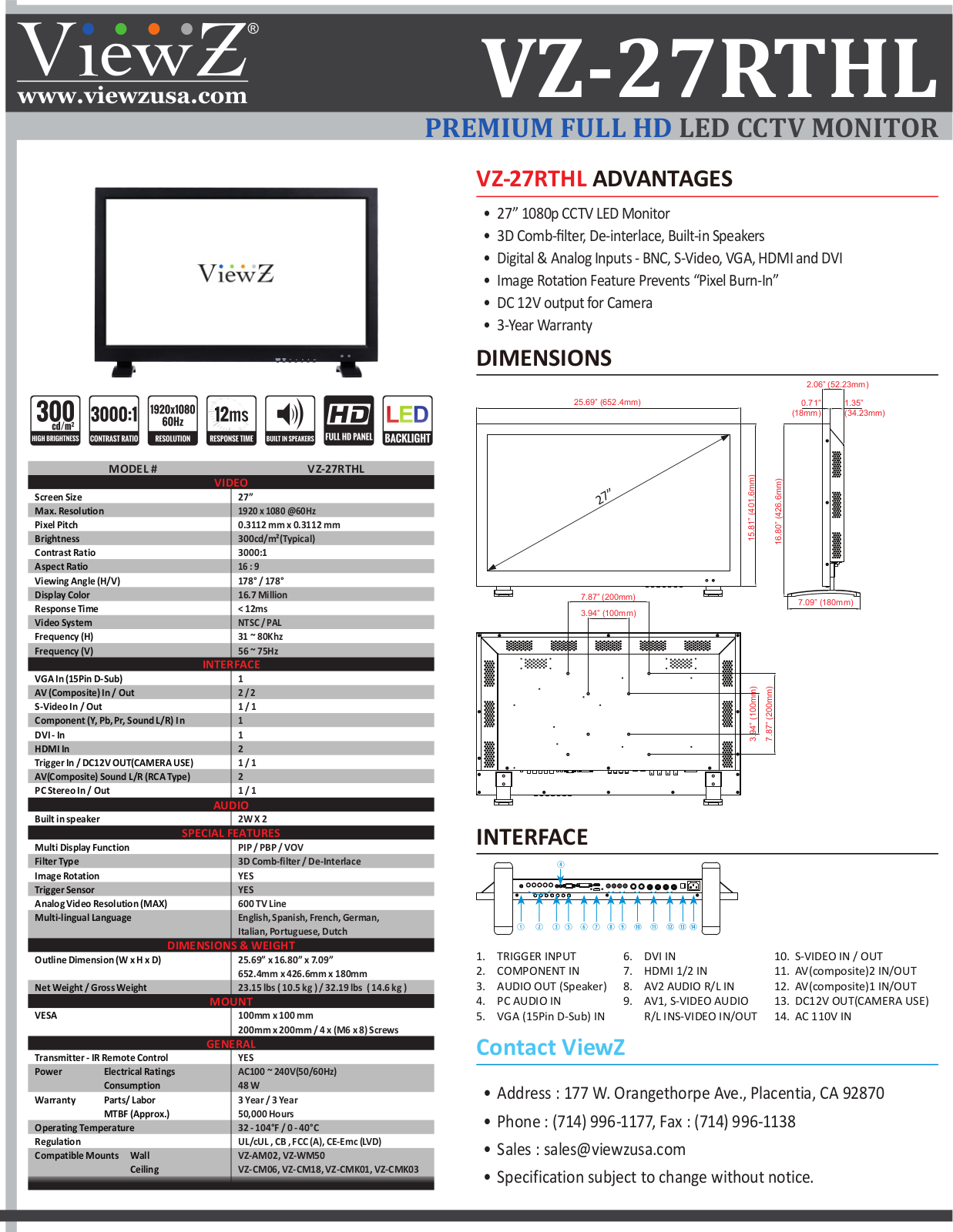 ViewZ VZ-27RTHL Specsheet