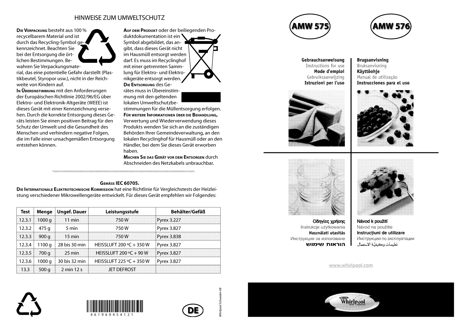 Whirlpool AMW 576 IX, AMW 575 IX, AMW 576 WH, AMW 576 NB, AMW 576 TI INSTRUCTION FOR USE