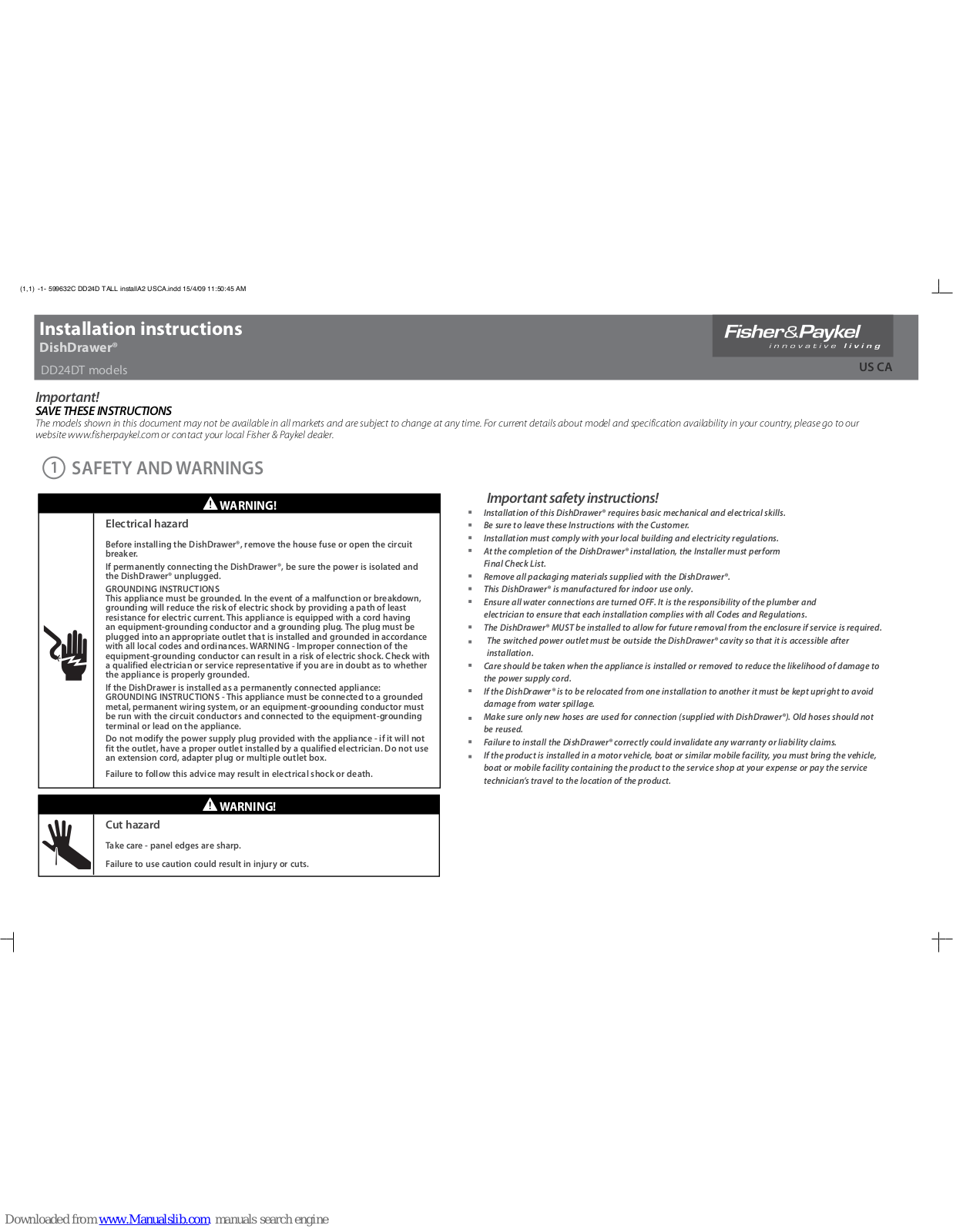 Fisher & Paykel DishDrawer DD24DT Series, DD24DCHTX6V2, DD24DCTX6V2, DD24S Installation Instructions Manual