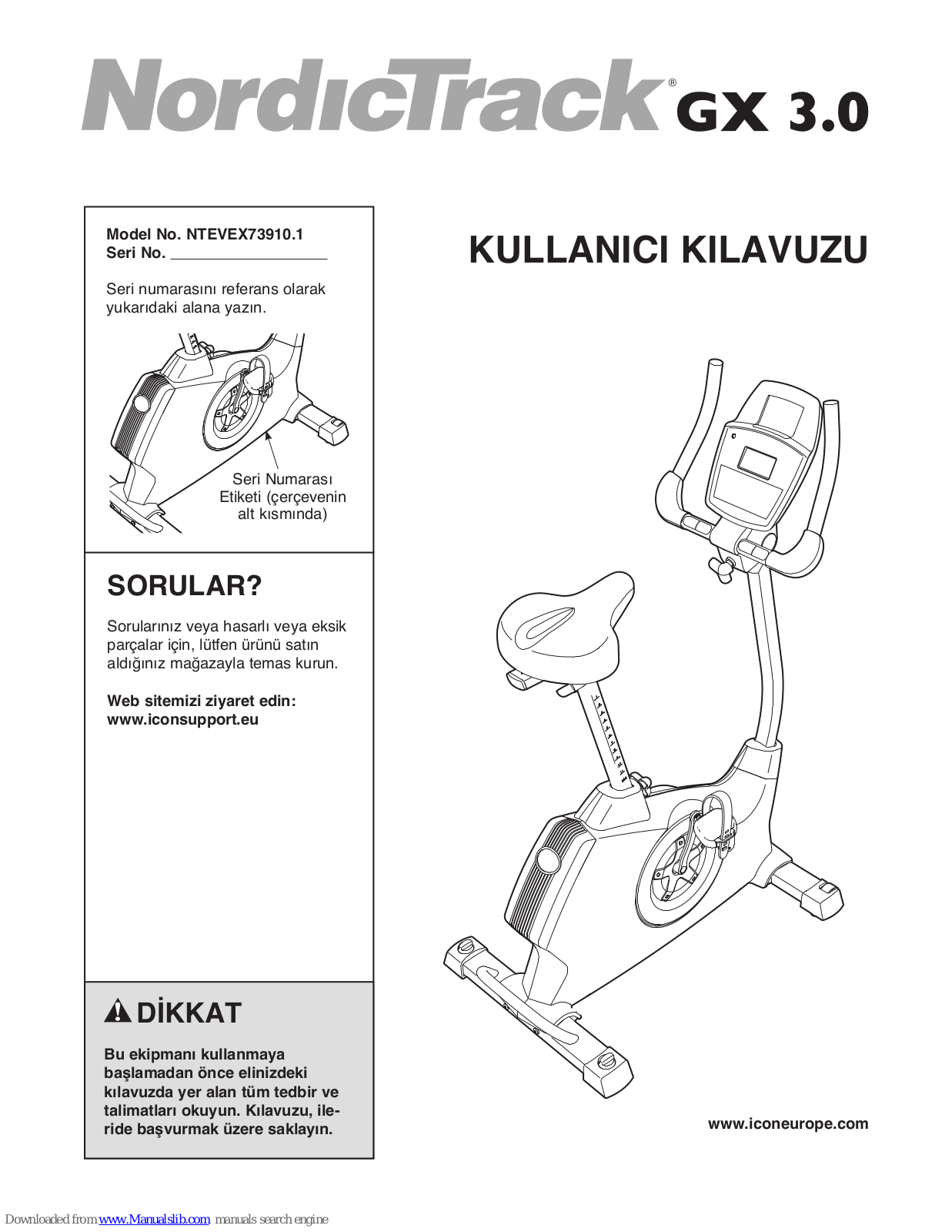 NordicTrack Gx 3.0 Gw Bike, Gx 3.0, NTEVEX73910.1 Kullanıcı Kılavuzu