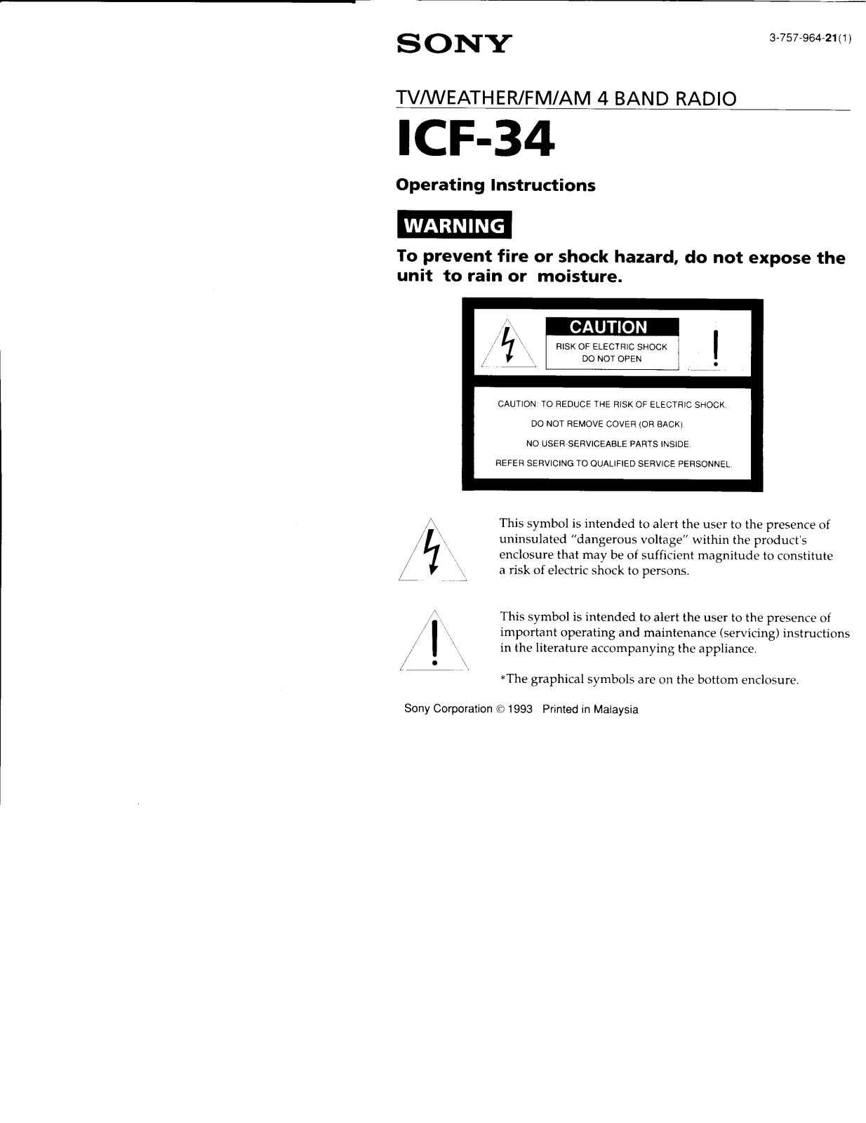 Sony ICF-34 Operating Instructions
