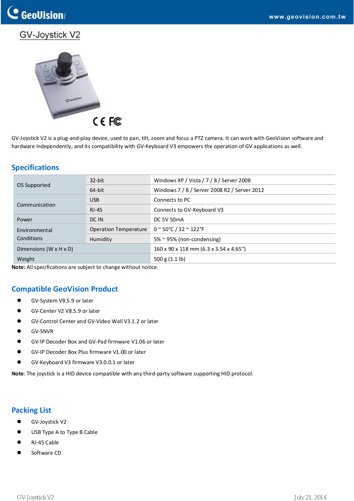 Geovision GV-Joystick V2 Specsheet