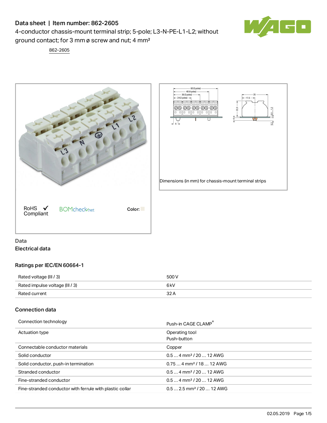 Wago 862-2605 Data Sheet