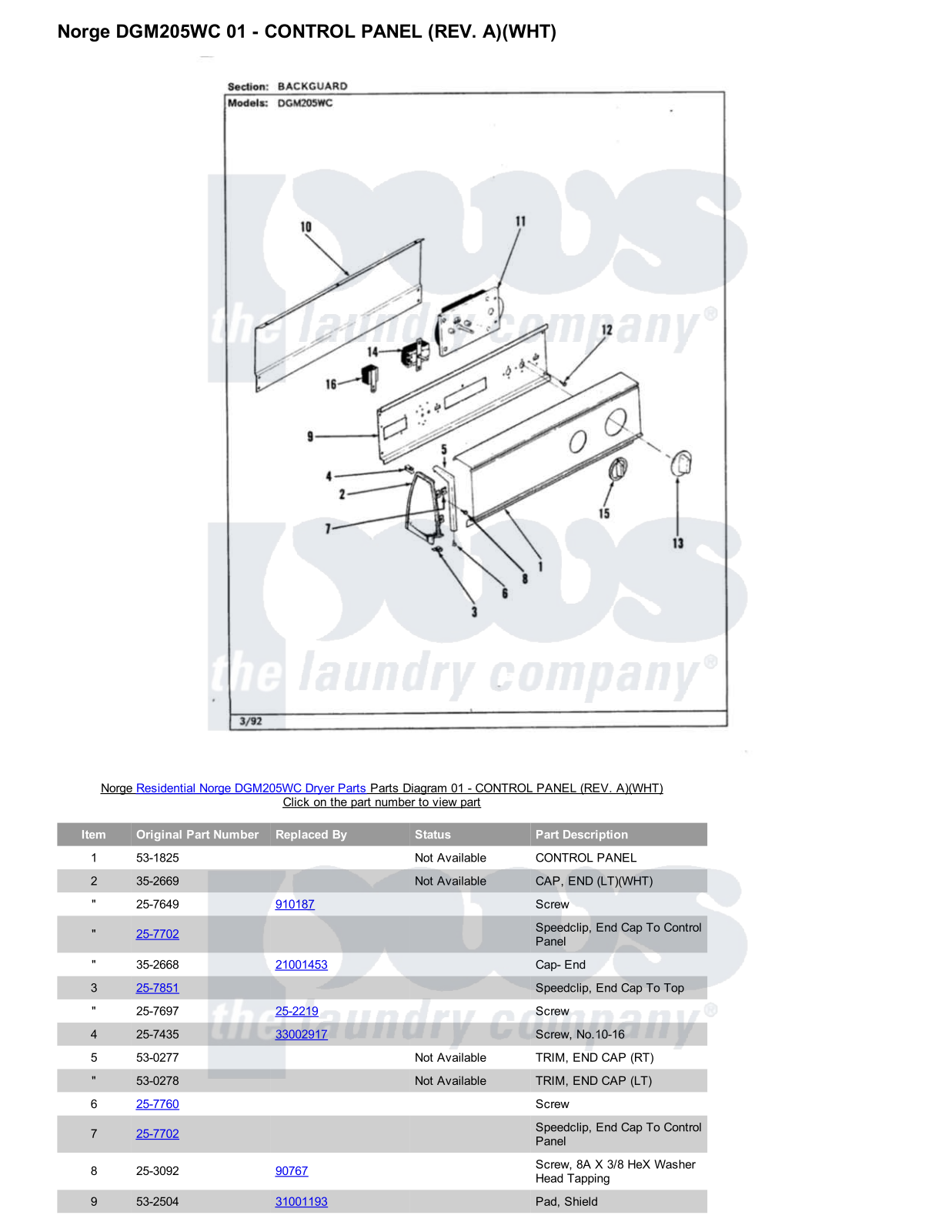 Norge DGM205WC Parts Diagram