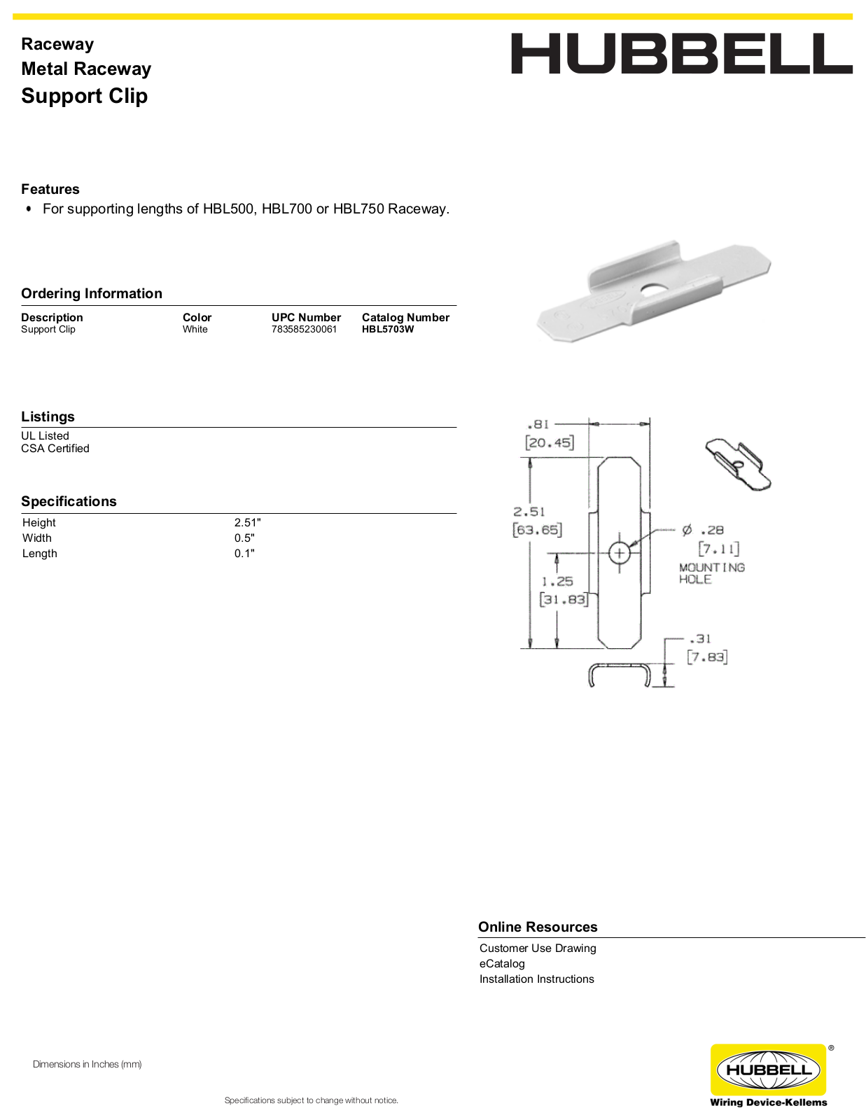 Hubbell HBL5703W Specifications