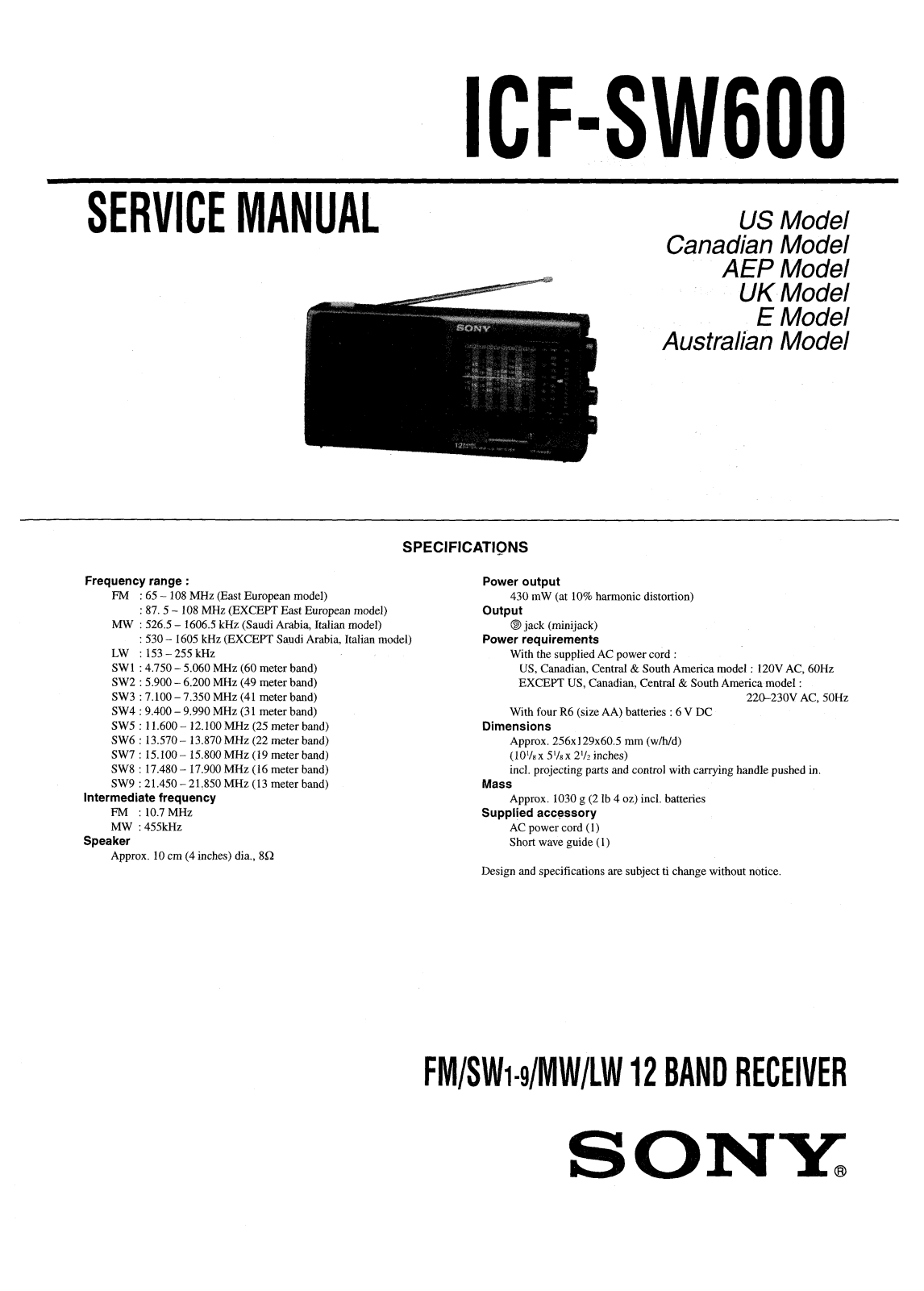 Sony ICFSW-600 Service manual