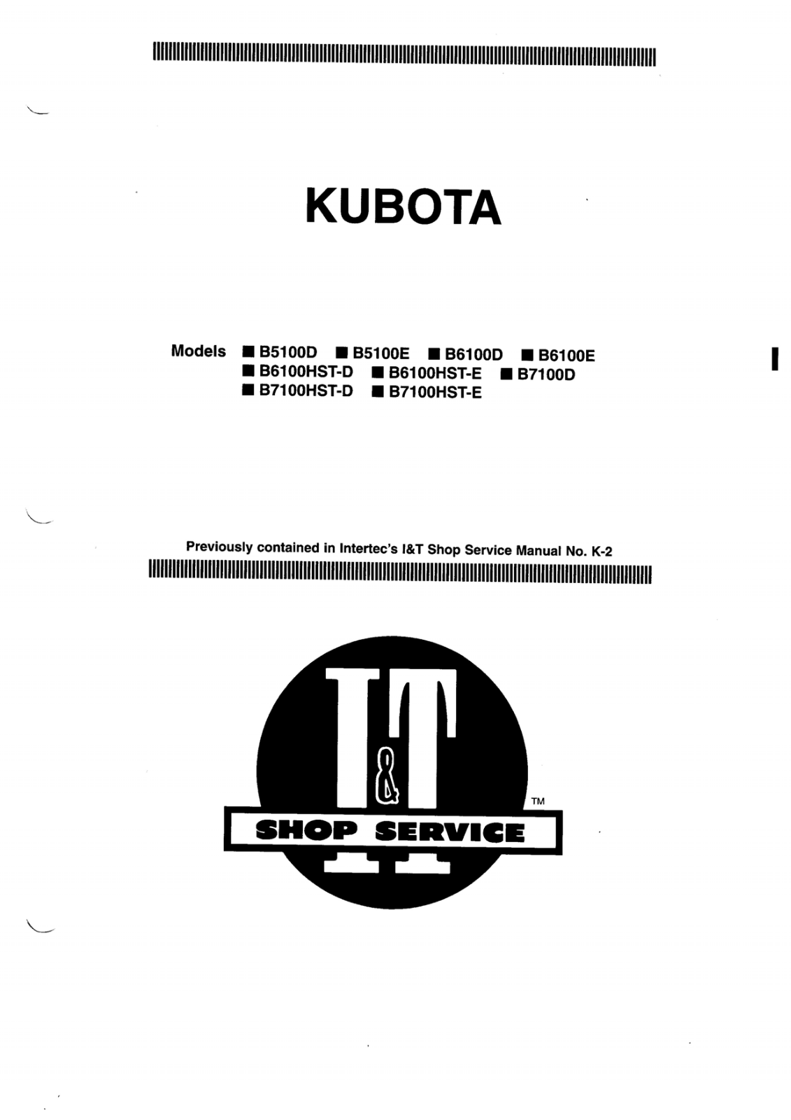 Kubota B7100D, B5100D, B5100E, B6100D, B6100E Shop Manual