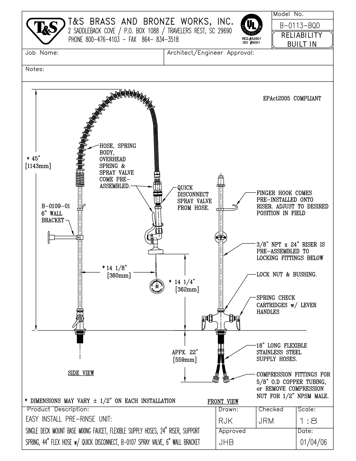 T&S Brass B-0113-BQD User Manual